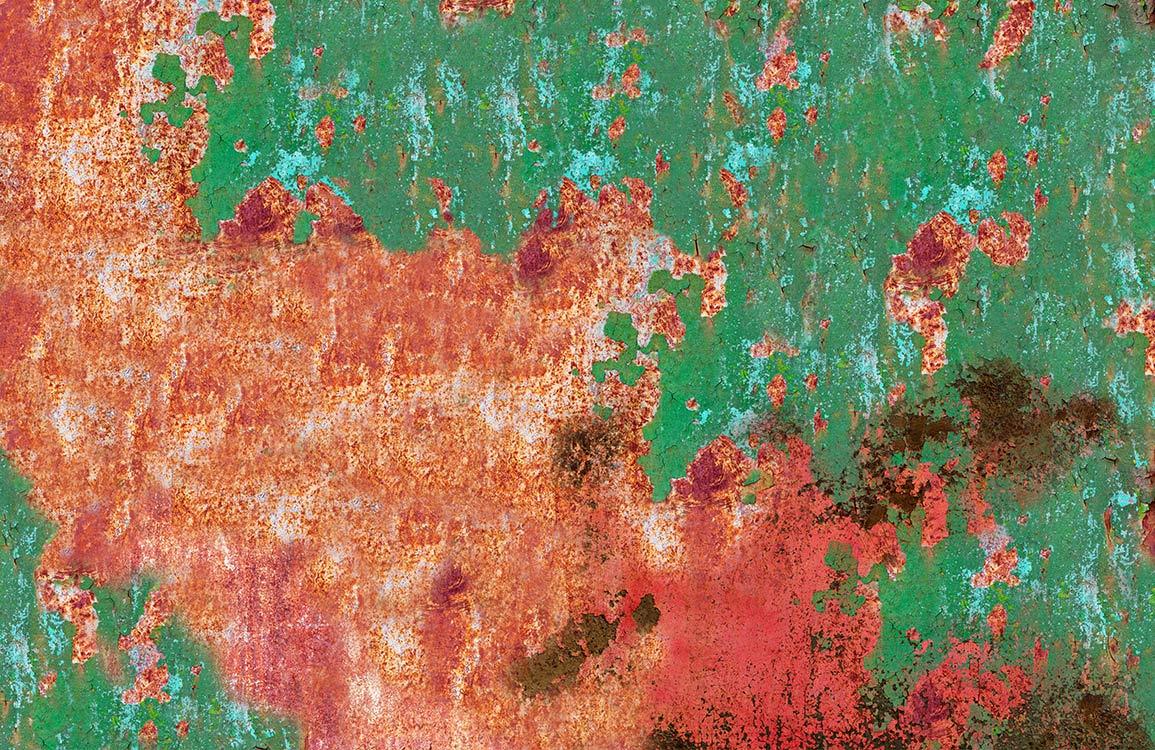Vintage Rustic Rusty Metal Textured Wallpaper in Green and Red.