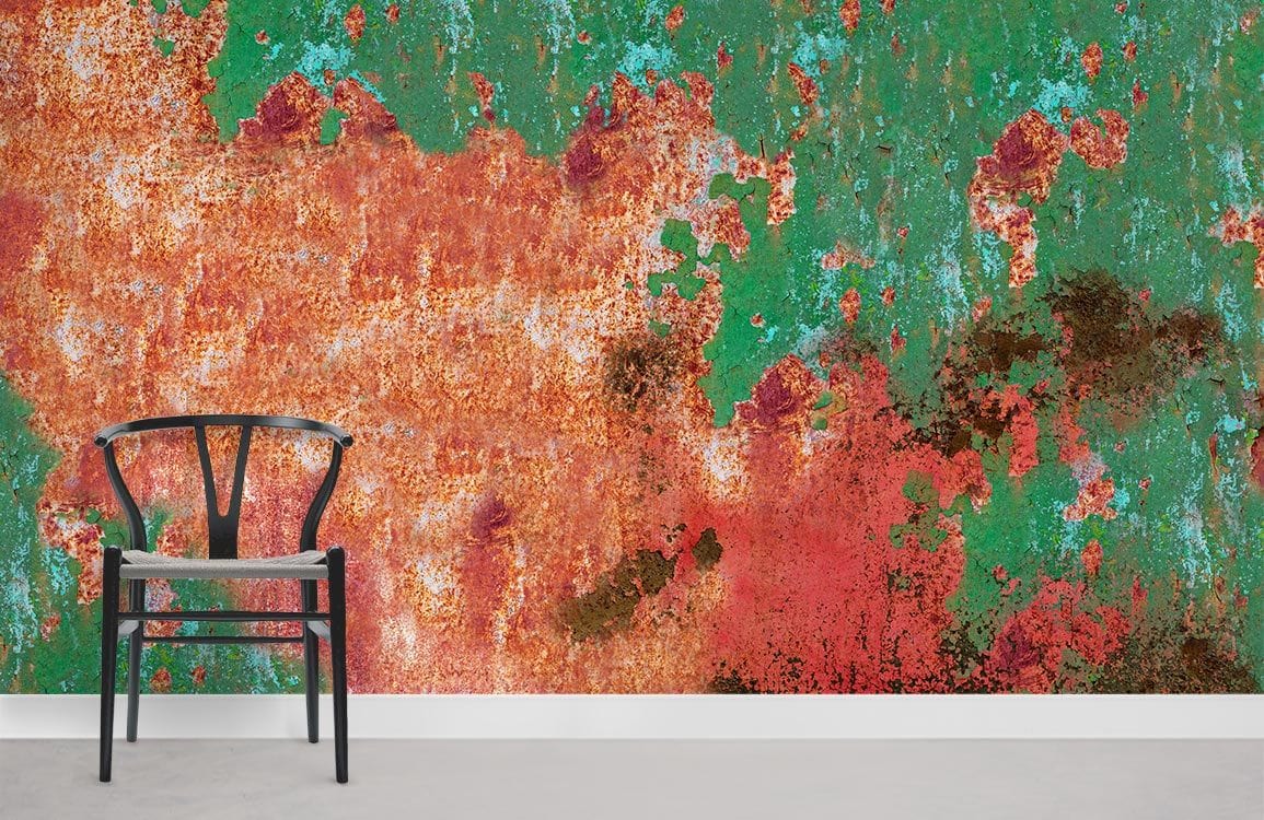 Green and red rustic metal textured wallpaper with black chair on white floor, vintage industrial style.