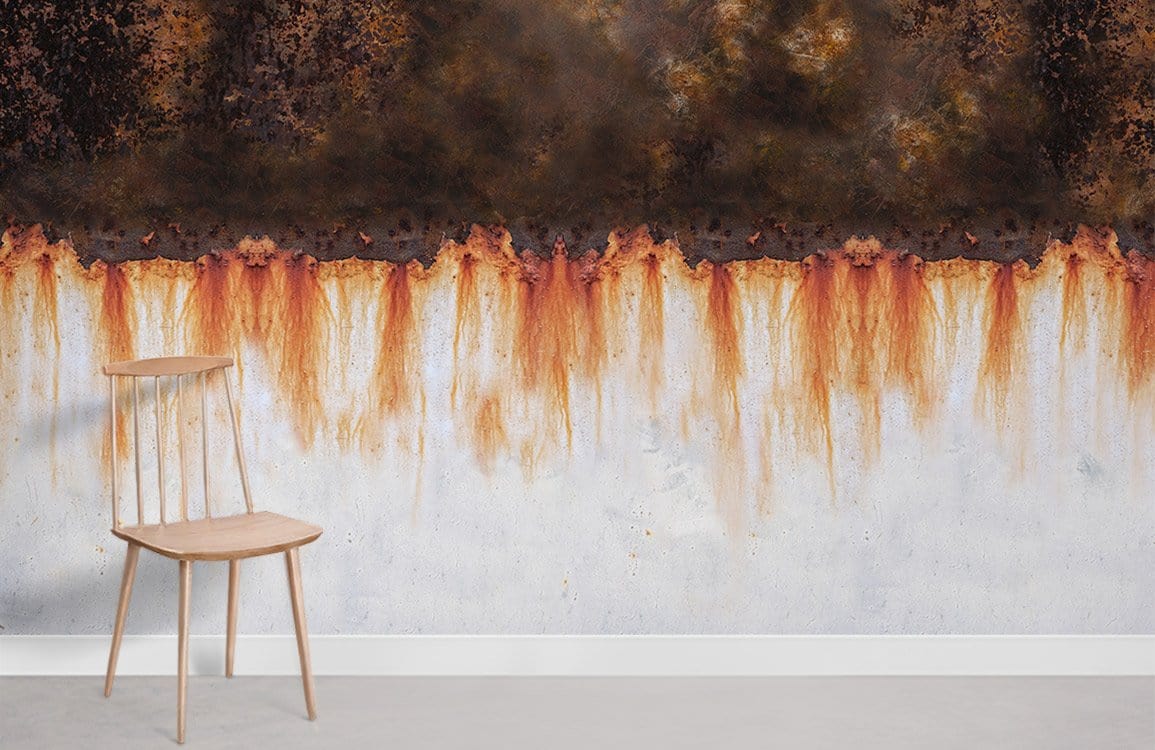 Vintage-industrial mural wallpaper with rust texture, earthy tones; light wood chair, grey flooring, modern style.