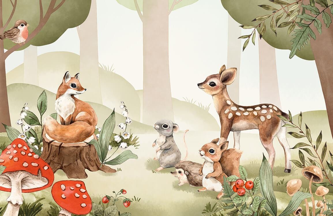 Enchanting Woodland Creatures Wall Mural with Forest Animals and Mushrooms