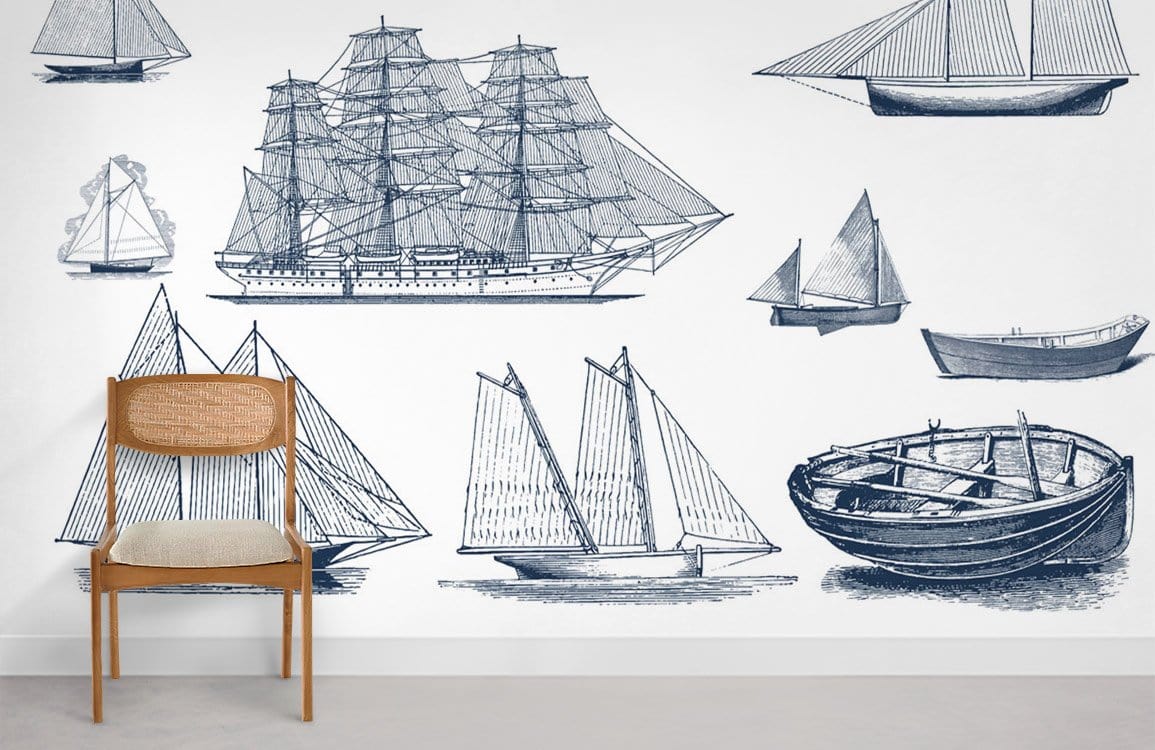 Vintage nautical ships wallpaper with navy illustrations, classic chair, minimalist room, grey flooring.