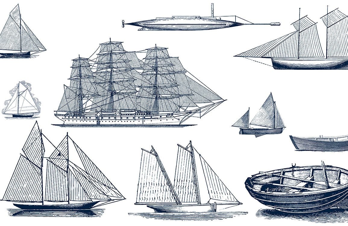 Vintage Nautical Ships Illustration Wallpaper: Classic Navy and White Design