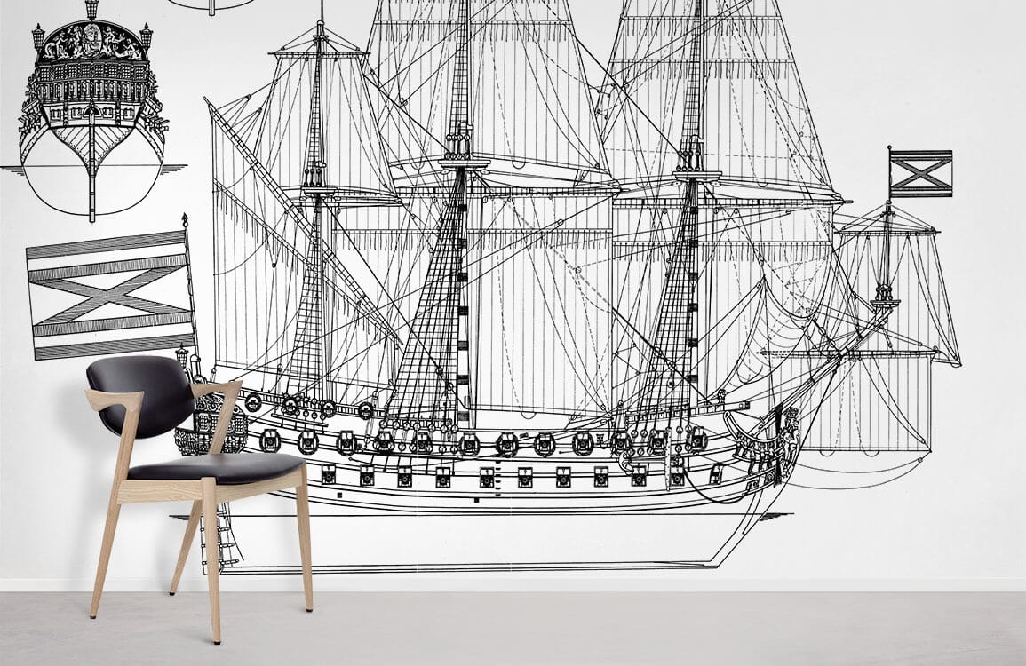 Vintage Ship Blueprint Mural Wallpaper in Monochrome Nautical Sketch Style