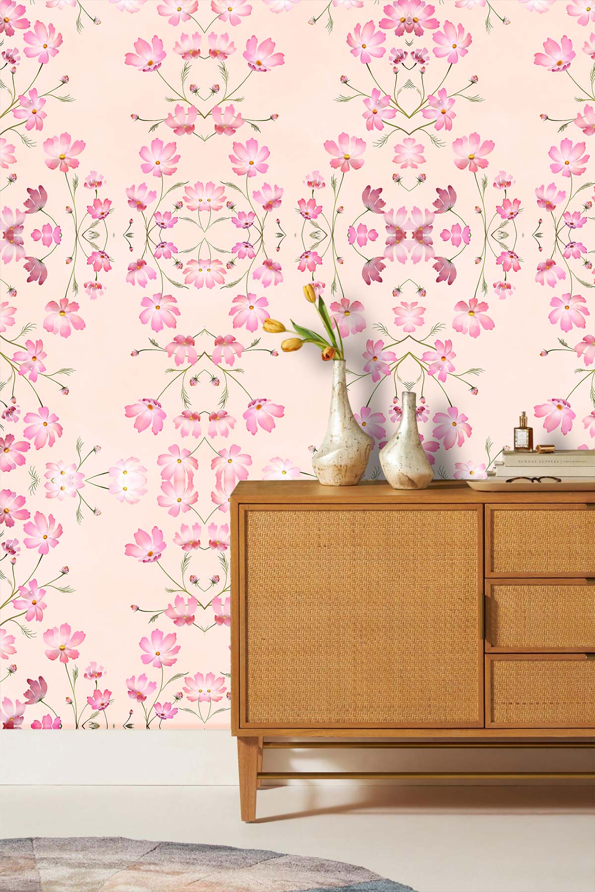 Blossom Harmony pink floral wallpaper; wooden sideboard; stylish rug; elegant vintage room decor.