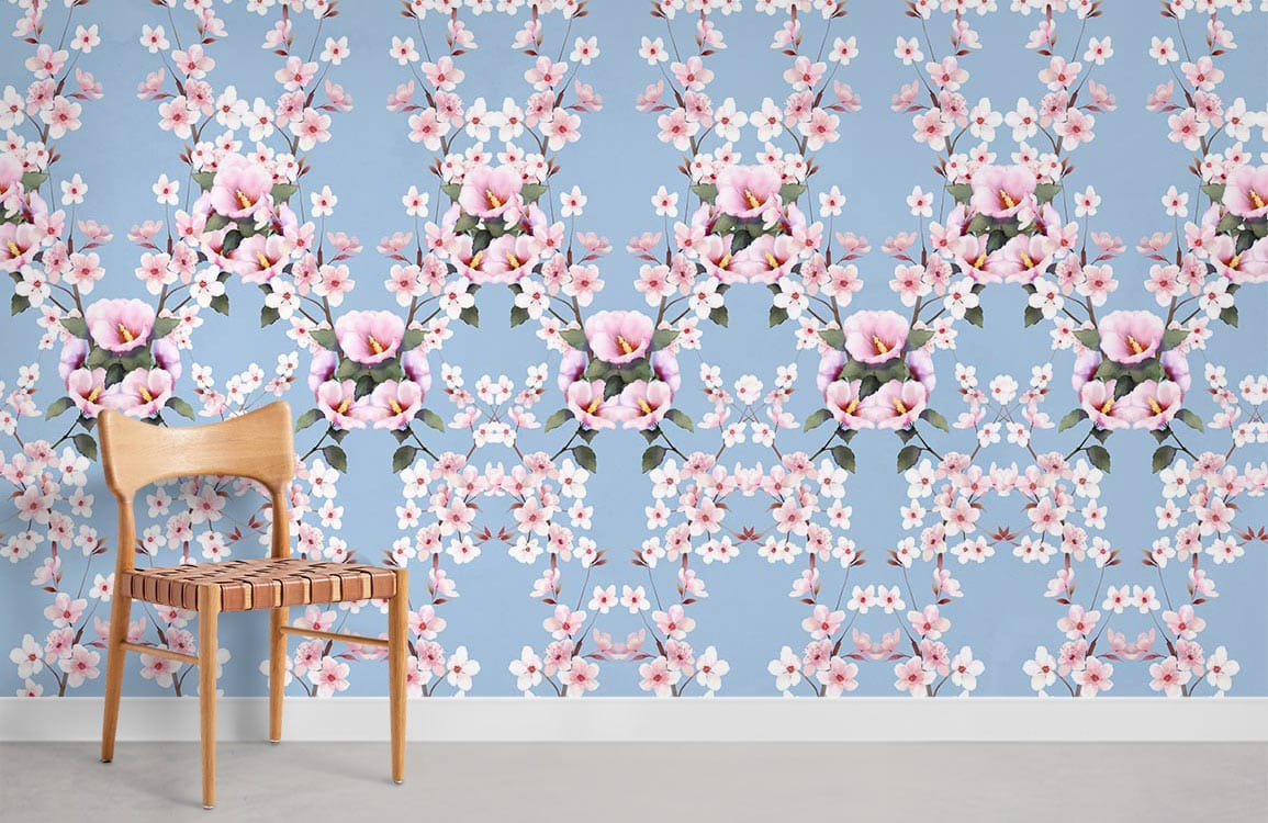 Elegant pastel blue floral wallpaper with chair; stylish interior decor, blossom pattern, contemporary design.