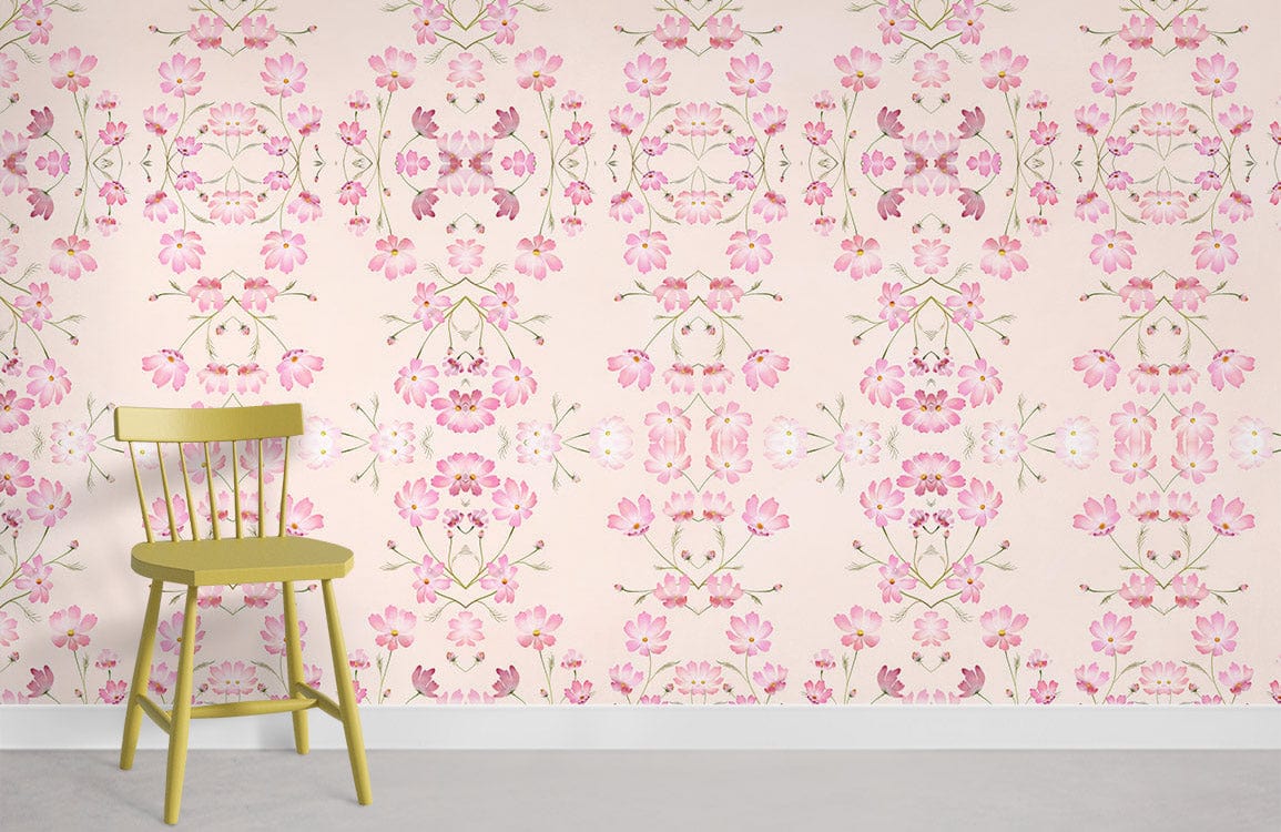 Blossom Harmony pastel pink wallpaper with vintage floral pattern and yellow chair in modern room setting.