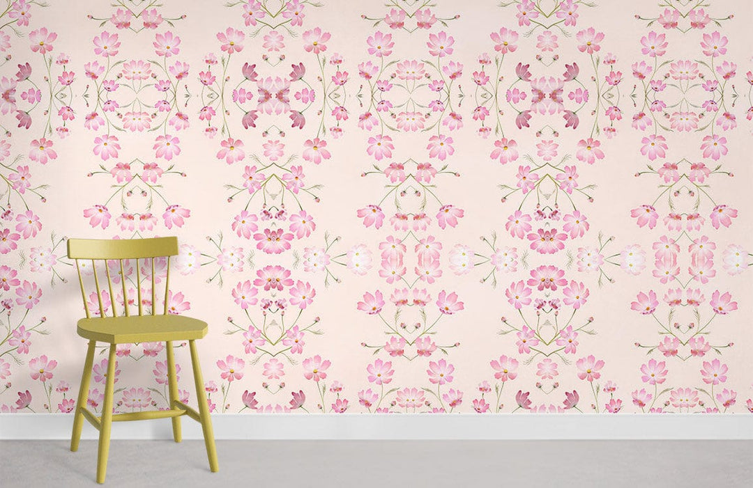 Blossom Harmony pastel pink wallpaper with vintage floral pattern and yellow chair in modern room setting.