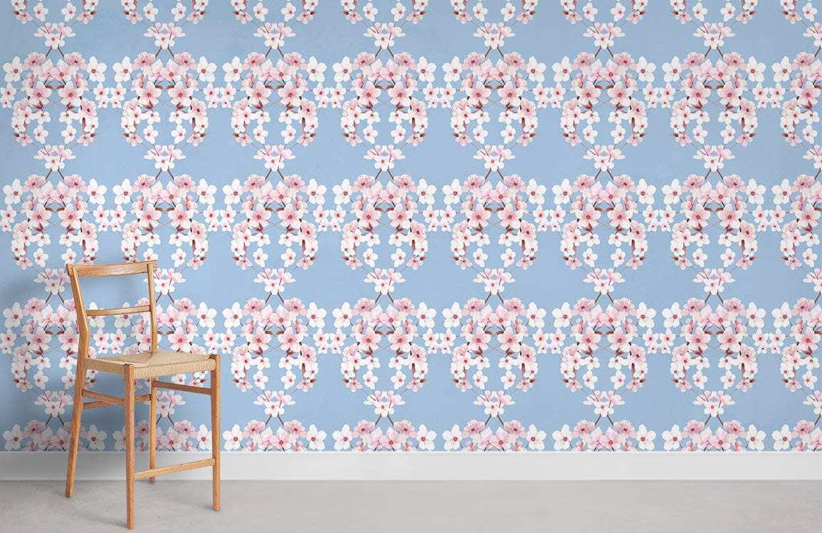 Elegant damask wallpaper, blue and pink floral design, wooden chair, stylish room, grey flooring.