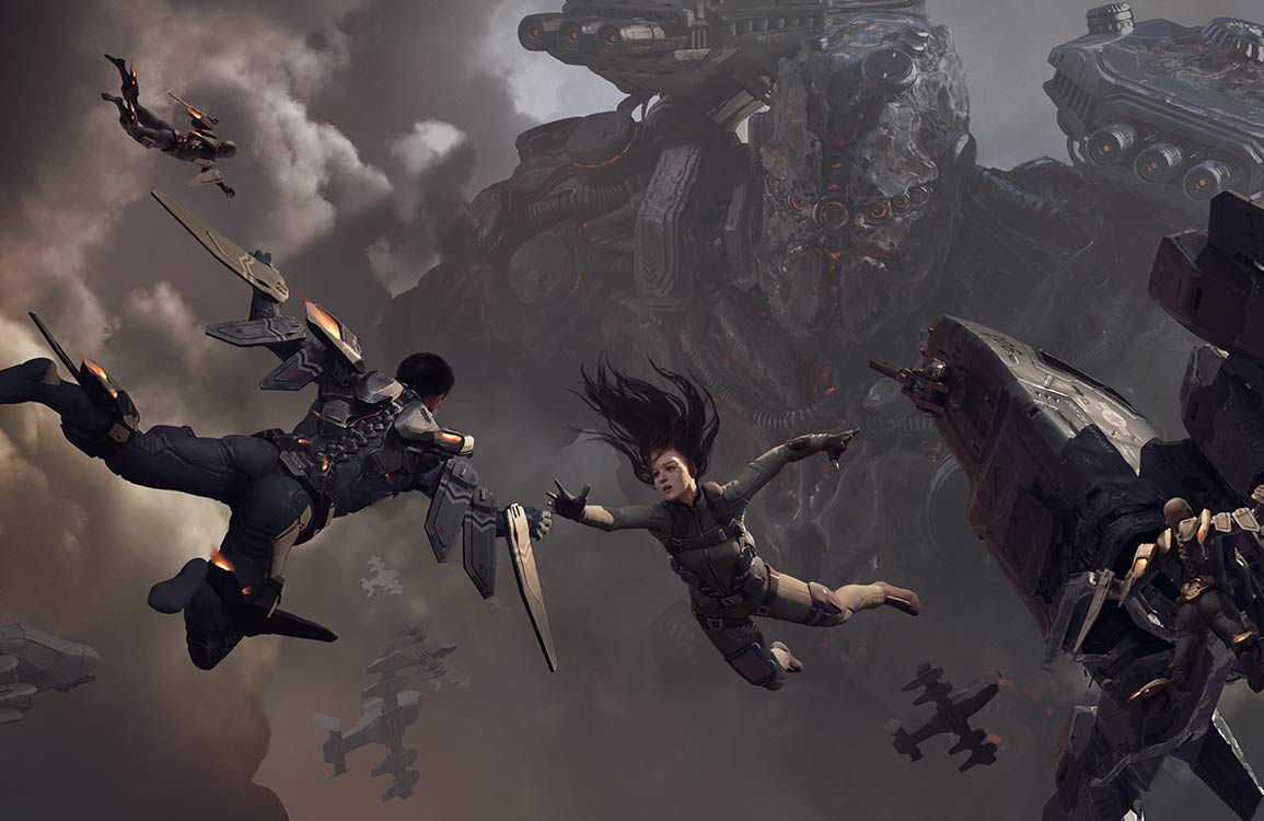 Futuristic Epic Battle Sky Mural Wallpaper - Dark Grey Sci-Fi Adventure