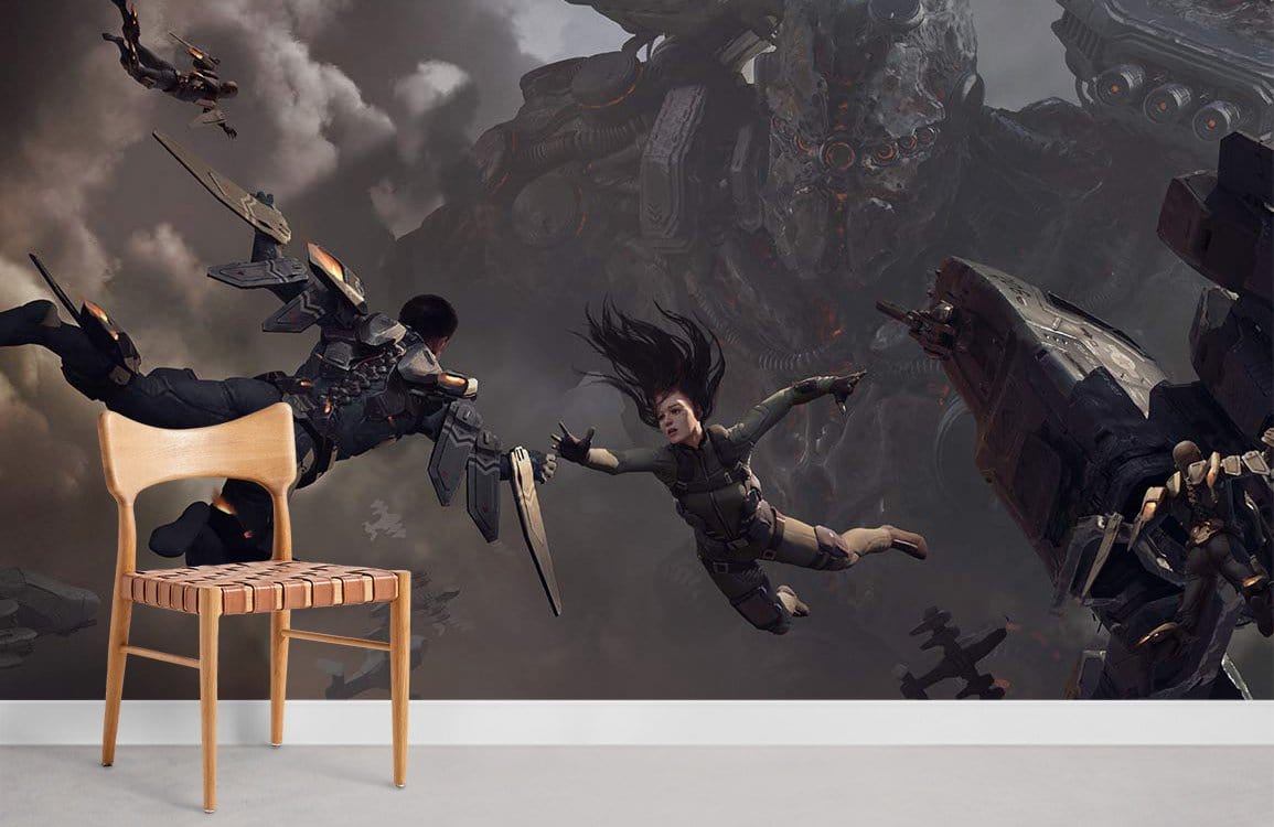Futuristic Epic Battle Sky Mural with wooden chair in modern sci-fi themed lounge.