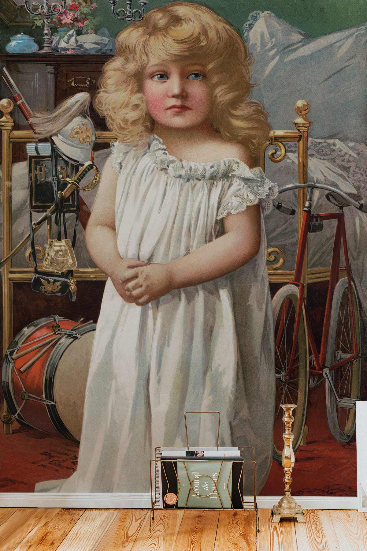 Victorian Vintage Blonde Child Mural Wallpaper with Drum, Bicycle, Gold Candle Holder, Wooden Floor.