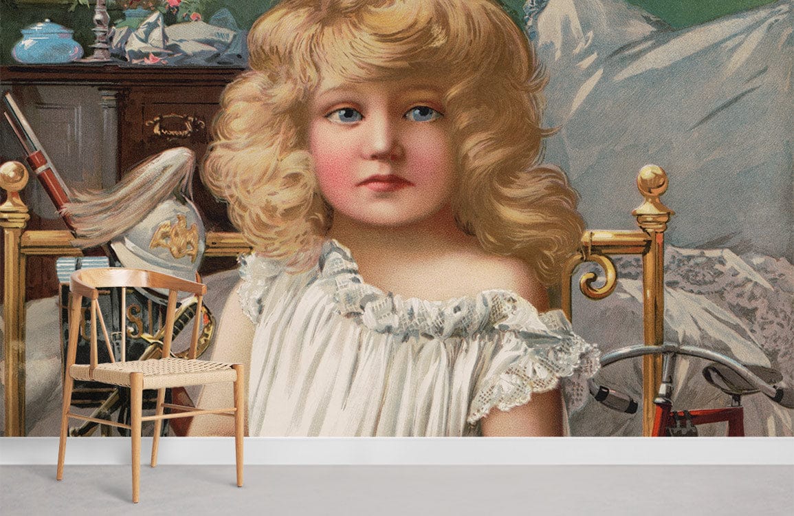 Victorian Vintage mural wallpaper featuring blonde child, wooden chair, and artistic pastel design.