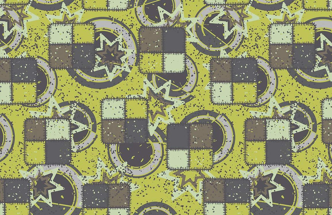 Contemporary Abstract Geometric Patchwork Wallpaper in Olive Green and Charcoal.