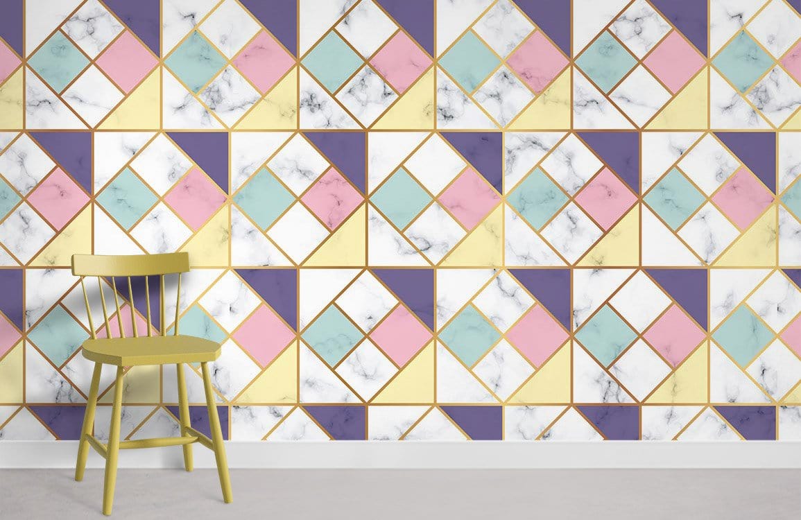 Geometric pastel Art Deco wallpaper with marble gold accents, featuring olive green chair on grey floor.