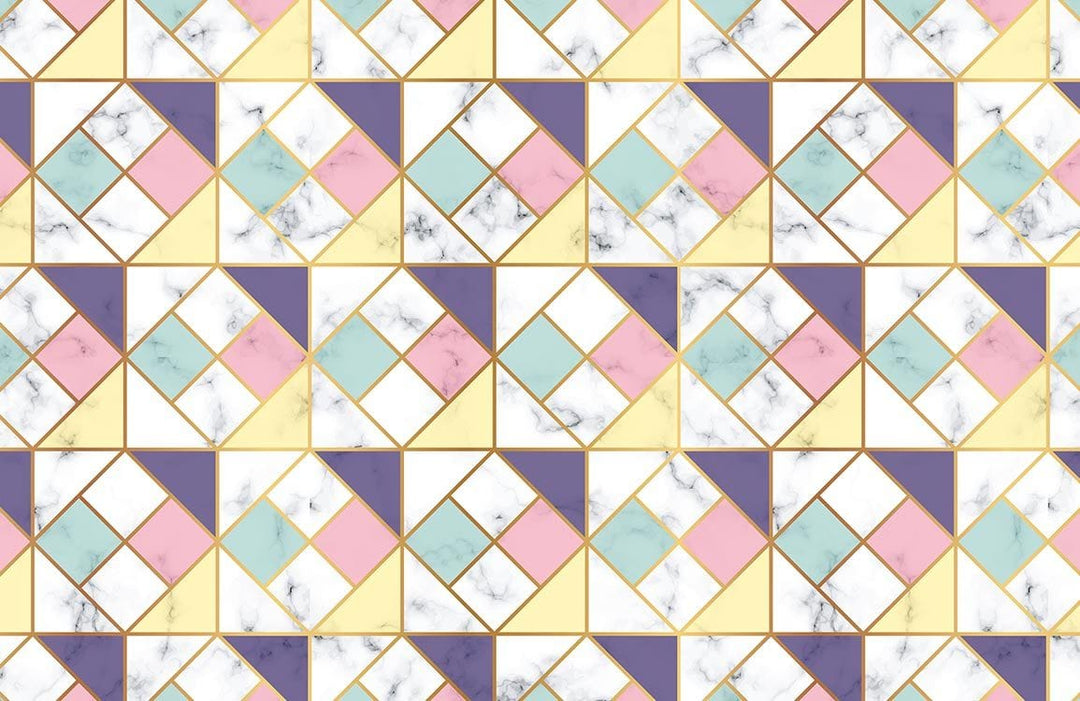 Geometric Pastel Art Deco Wallpaper with Marble Effect and Gold Accents