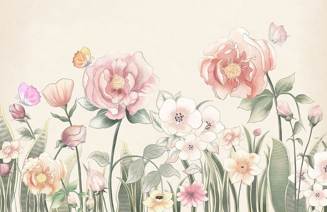 Vintage Pastel Floral Garden Mural Wallpaper with Butterflies and Soft Blooms