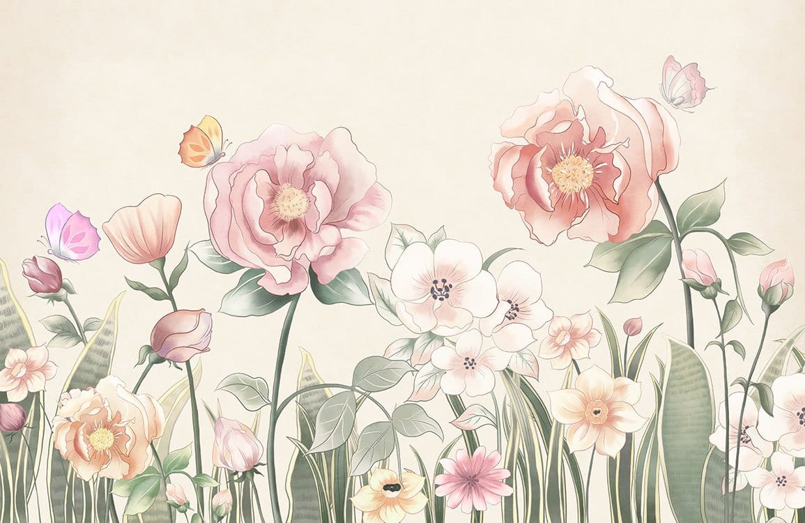 Vintage Pastel Floral Garden Mural Wallpaper with Butterflies and Soft Blooms
