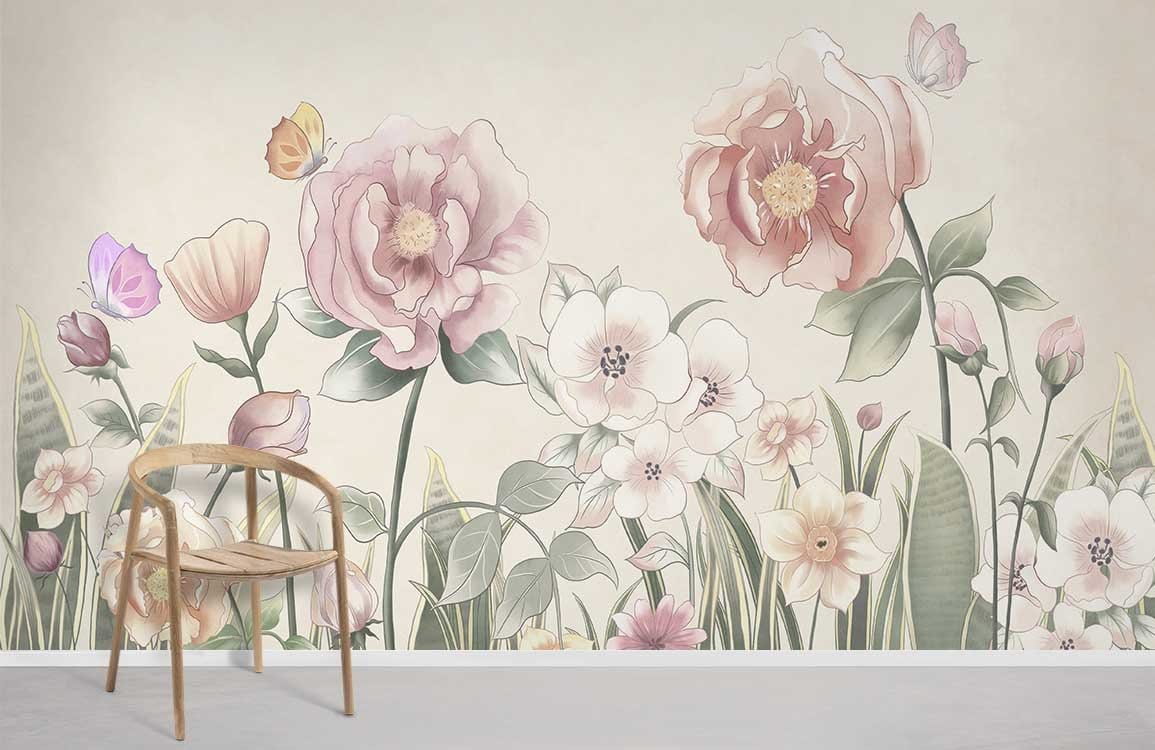 Vintage pastel floral garden mural wallpaper with butterflies, soft blooms, wooden chair, grey flooring.
