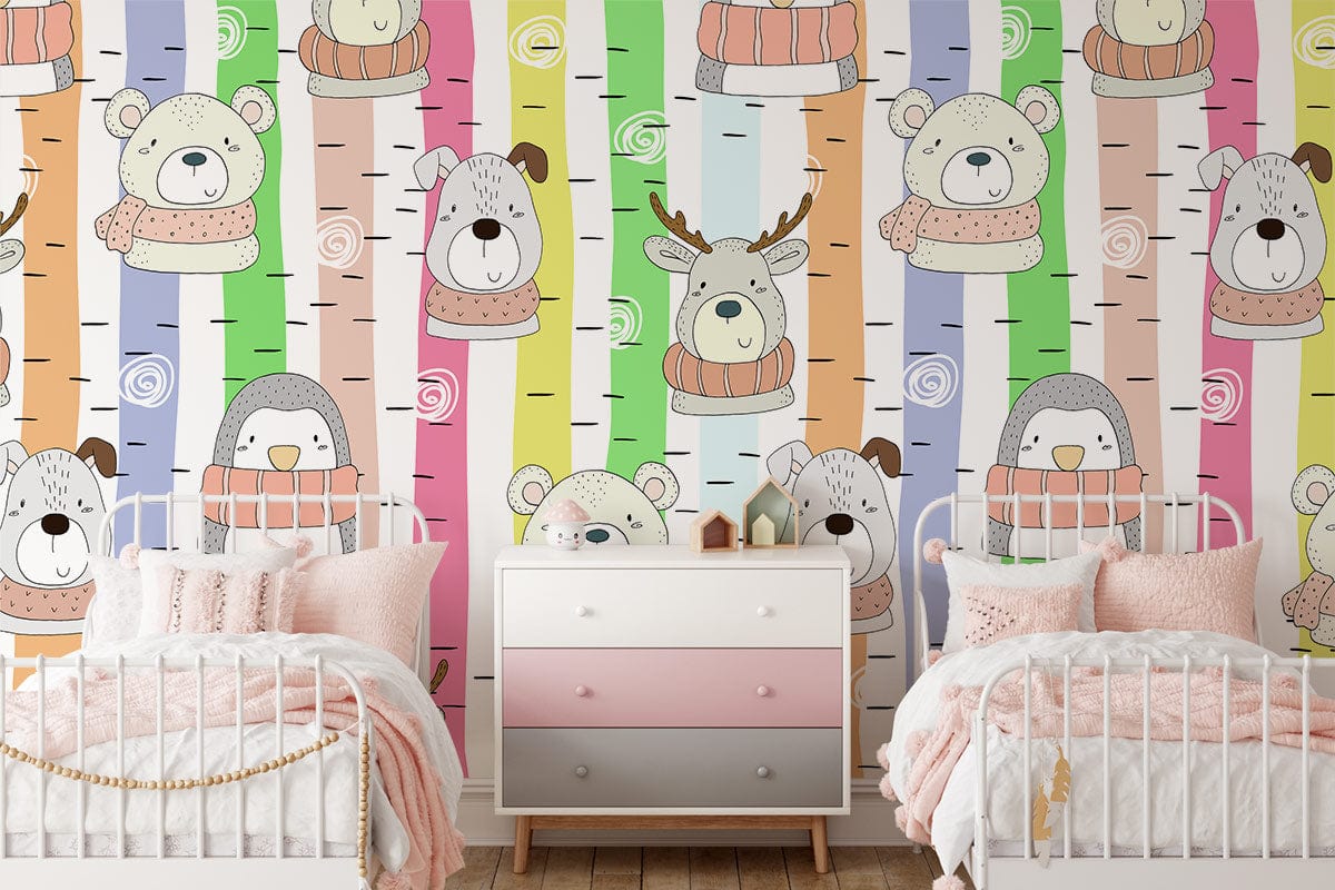 Charming Woodland Animals Wallpaper in kids' room with white beds, pastel dresser, and wood flooring.