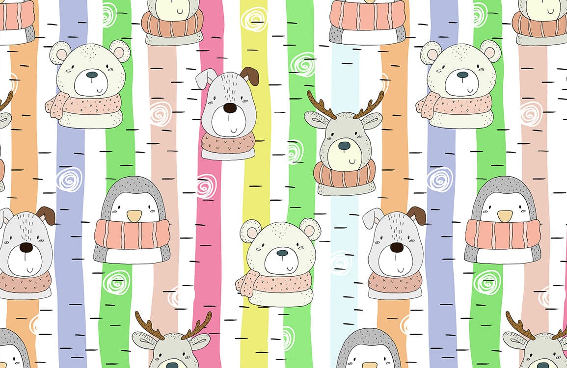Charming Woodland Animals Rainbow Stripes Kids Mural Wallpaper - Playful Pastel Design