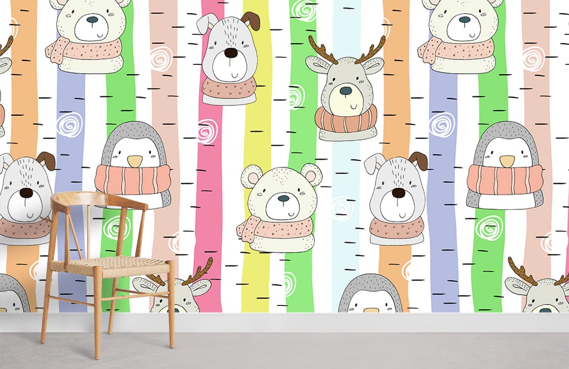 Charming woodland animals wallpaper with rainbow stripes, natural chair, grey flooring; playful kids' room decor.
