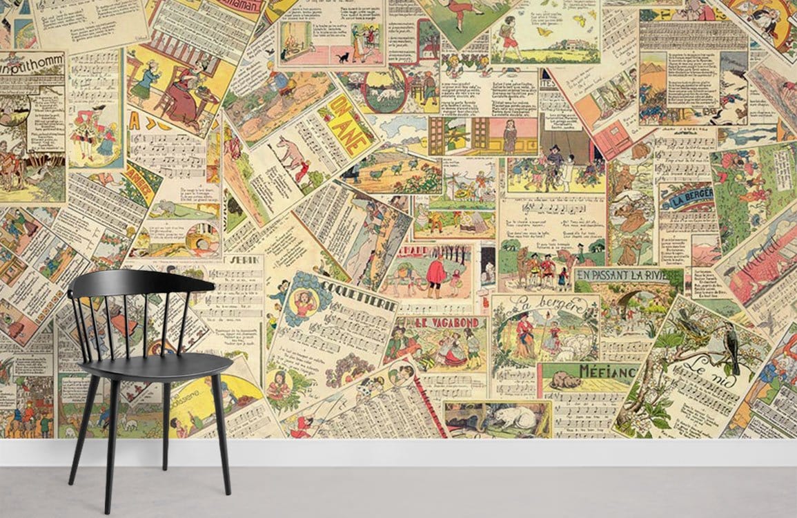 Vintage Comic Print Wallpaper in retro multicolour design with black chair on grey flooring.