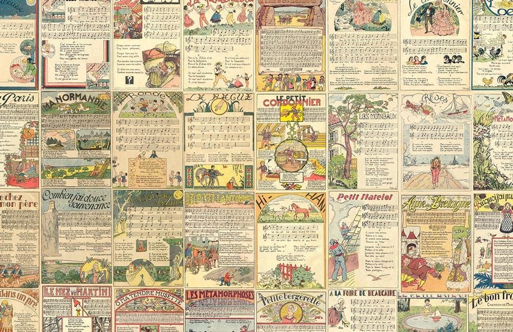 Vintage French Newspaper-Style Collage Wallpaper, Cream and Multicoloured Retro Design