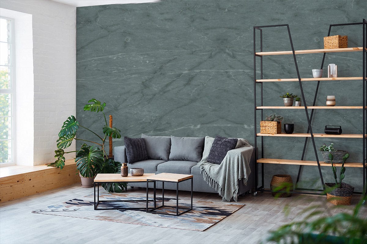 Elegant Green Marble Effect Mural Wallpaper in stylish living room with grey sofa and wooden flooring.