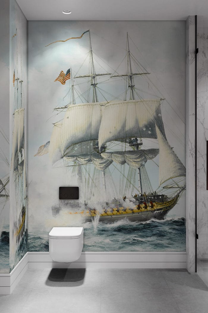 Vintage Seafaring Adventure Nautical Wall Mural in pastel, bathroom setting, marble accents, flag ship imagery.