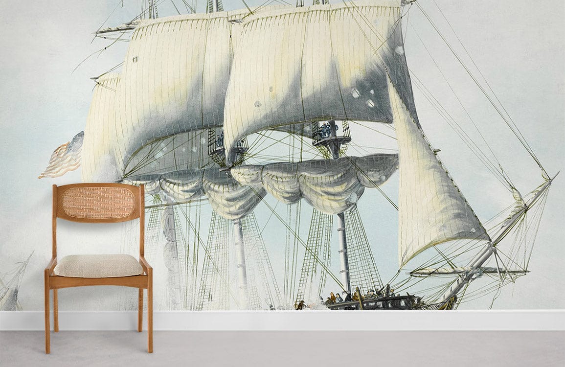 Vintage seafaring wall mural in pastel hues, with wooden chair, grey flooring, nautical theme decor.