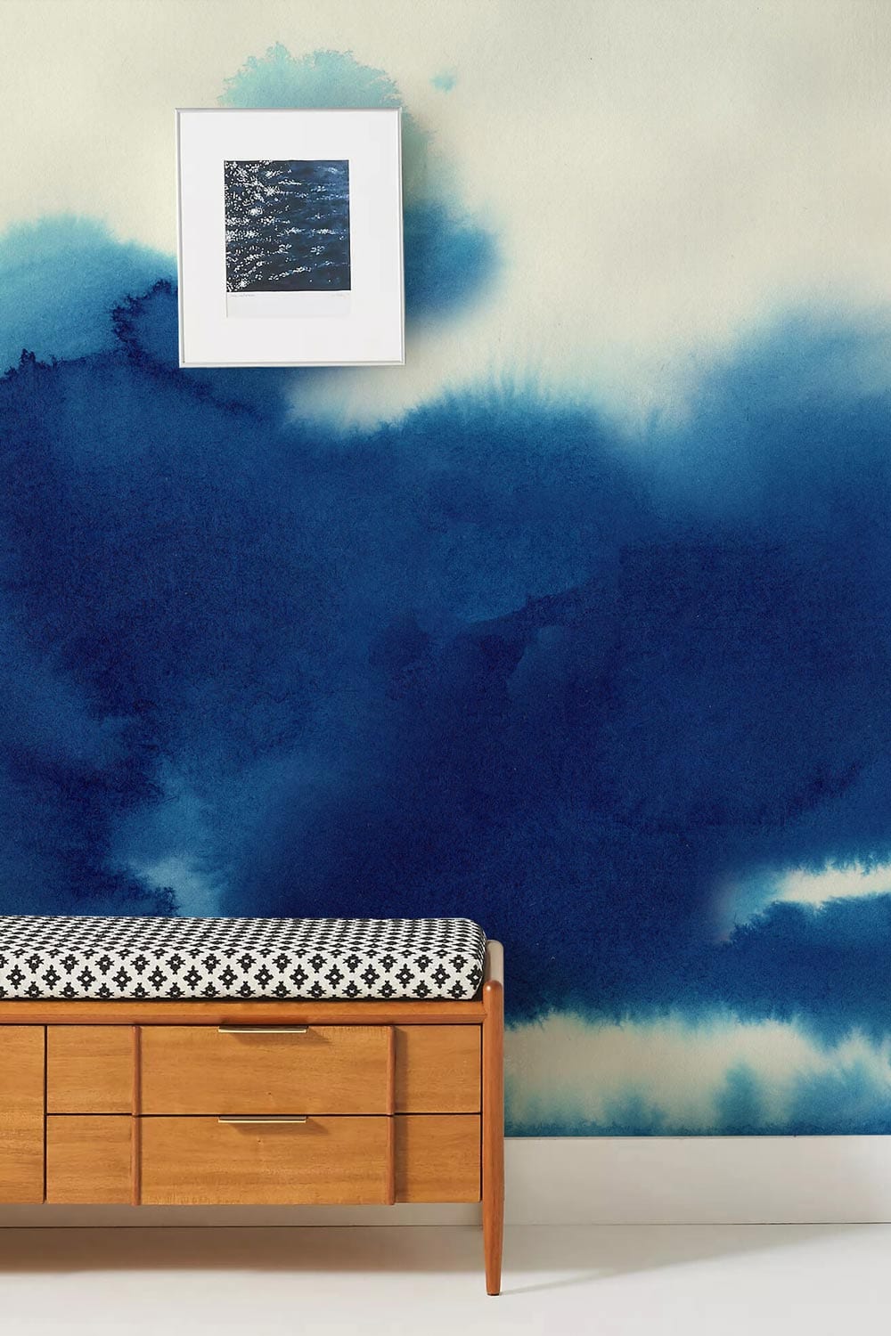Oceanic Watercolour Blue Abstract Mural Wallpaper, wooden bench, modern art, wall art, light flooring.