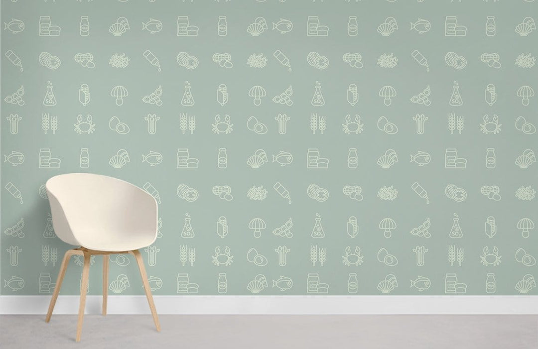 Pastel green nautical wallpaper in modern kitchen with minimalist white chair, light grey flooring.