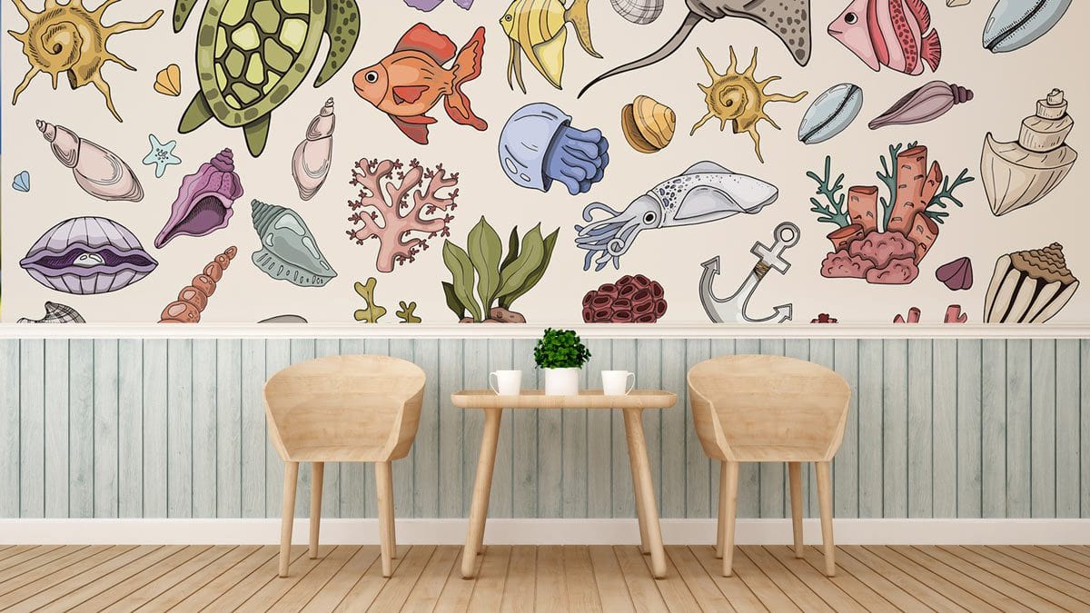 Underwater Adventure Marine Life Mural features aquatic Décor with wood flooring and light wood chairs.