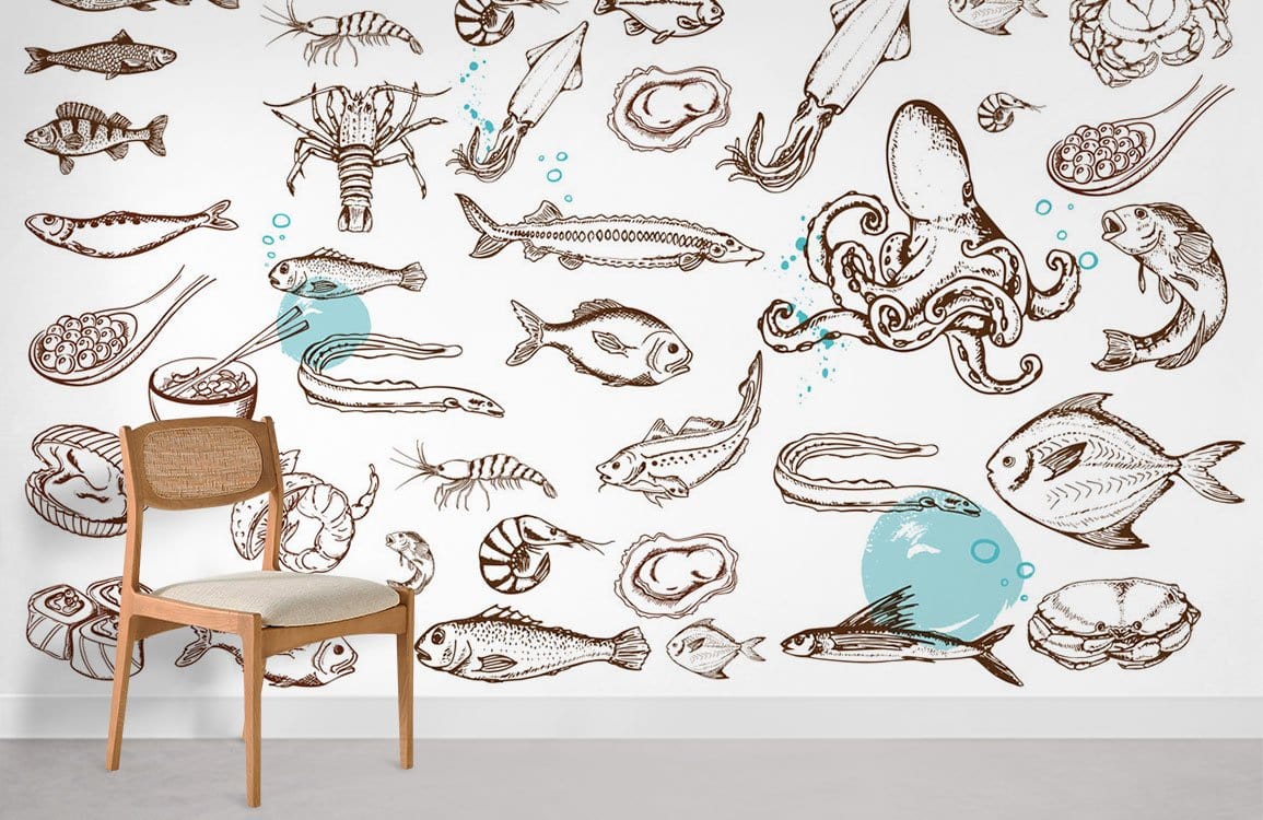 Nautical marine life wallpaper, brown and blue, chair, white backdrop, contemporary room setting, concrete floor.