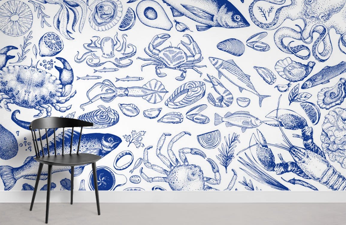 Nautical blue oceanic wallpaper with marine print, black chair, and grey flooring in coastal design.