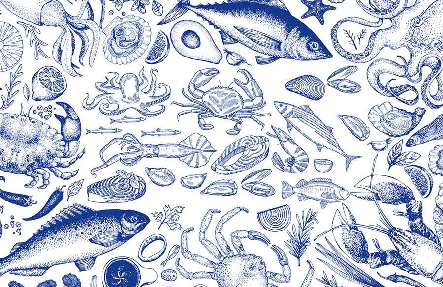Nautical Blue Oceanic Life Wallpaper in Vintage Coastal Style Design