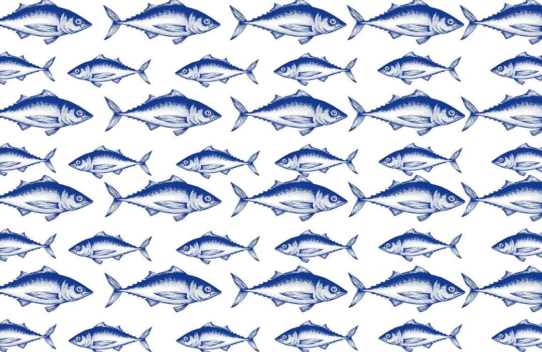 Nautical Blue Fish Pattern Wallpaper - Coastal Marine Style Decor