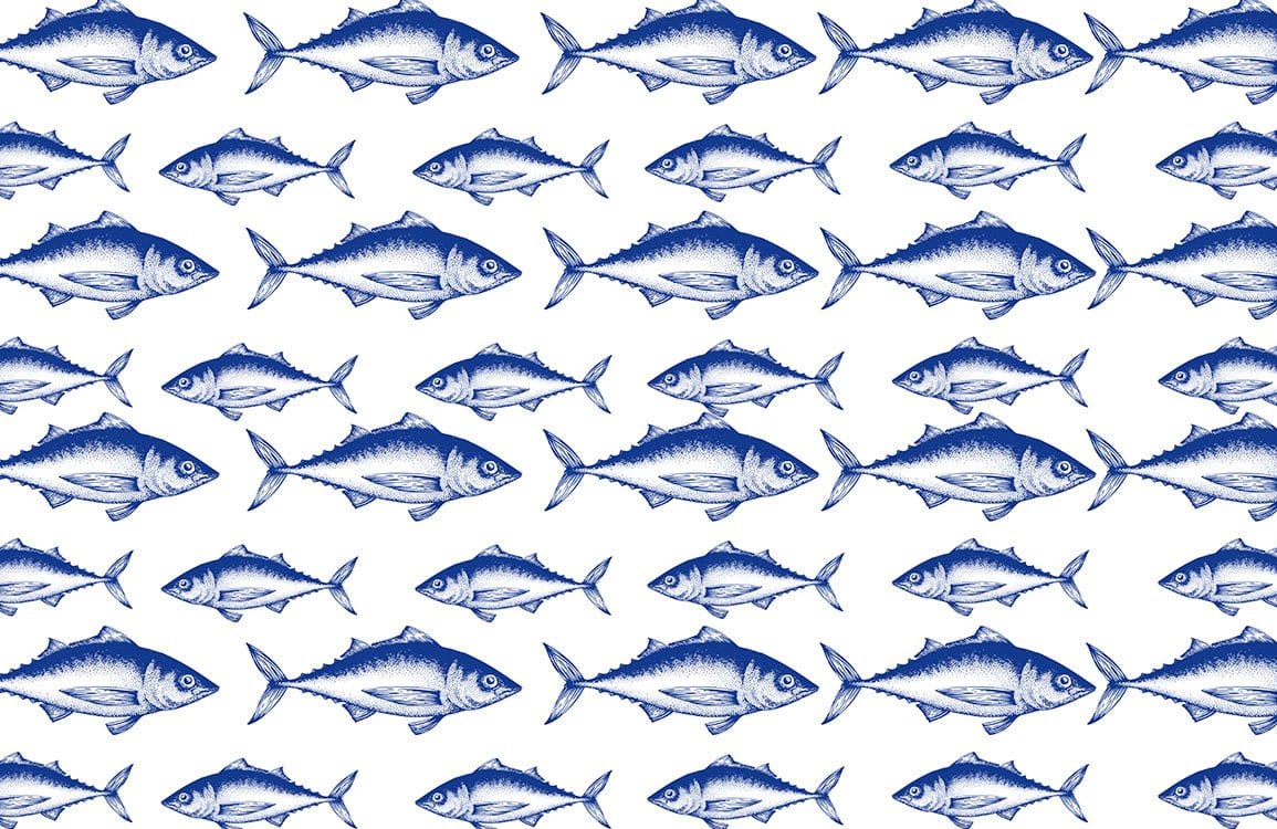 Nautical Blue Fish Pattern Wallpaper - Coastal Marine Style Decor