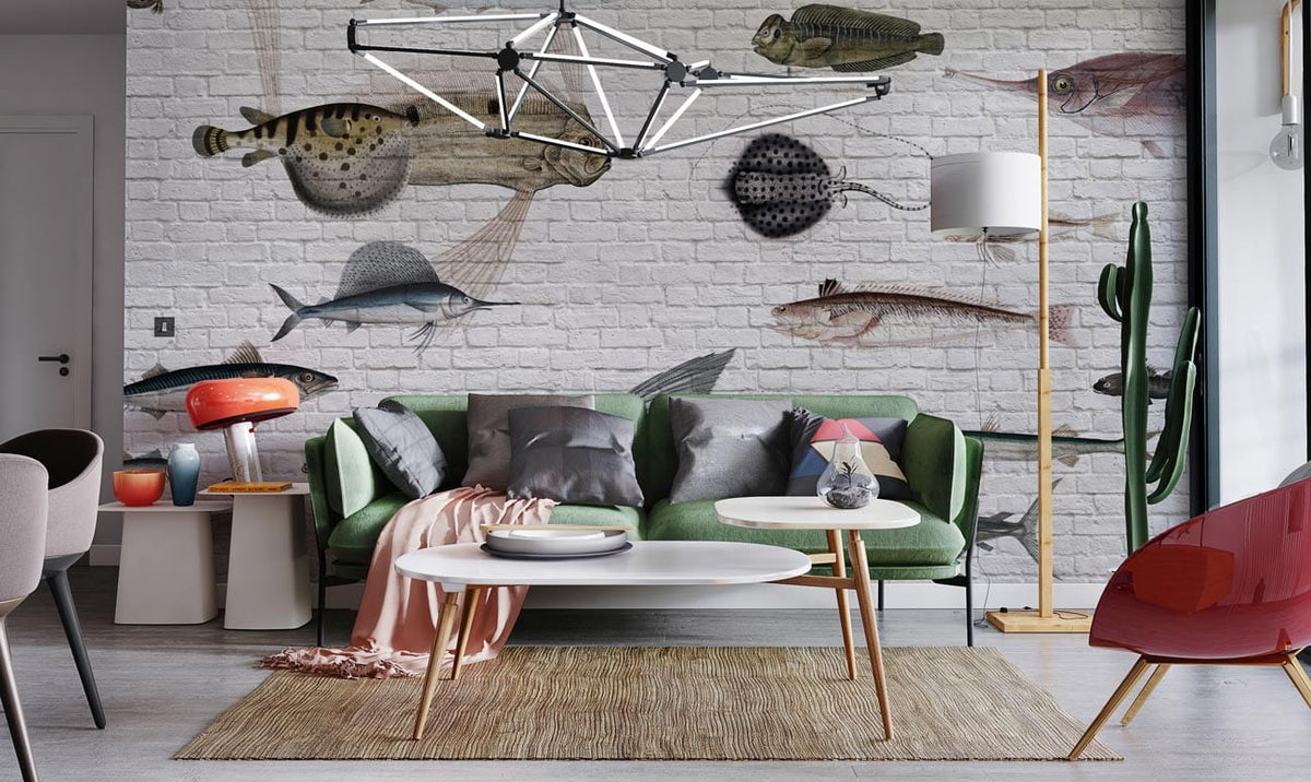 Vintage aquatic mural featuring sea creatures, green sofa, modern lighting, and wooden floor in living room.