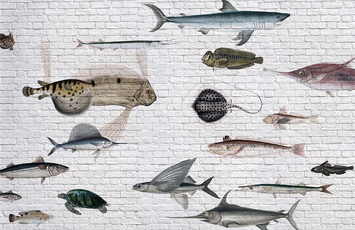 Vintage Aquatic Adventure Brick Wall Mural with Colourful Sea Creatures
