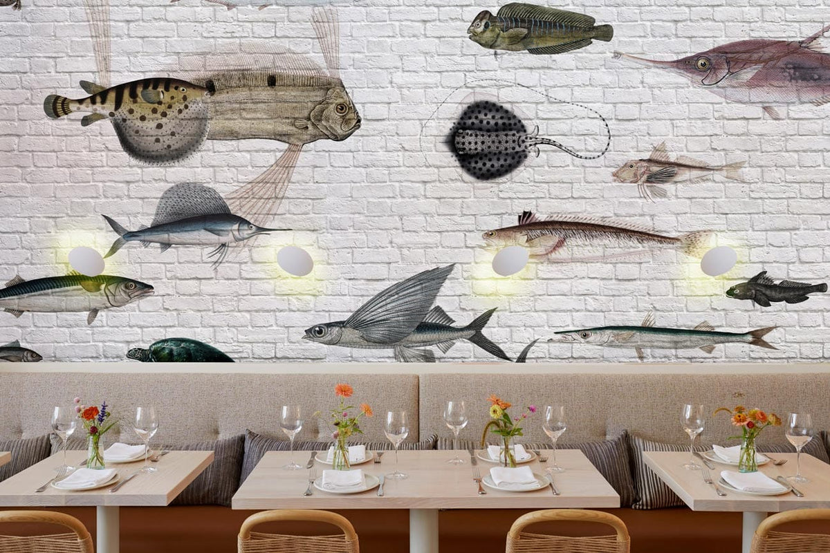 Vintage Aquatic Adventure mural on brick wall in restaurant with wooden chairs and tables, vibrant sea creatures.