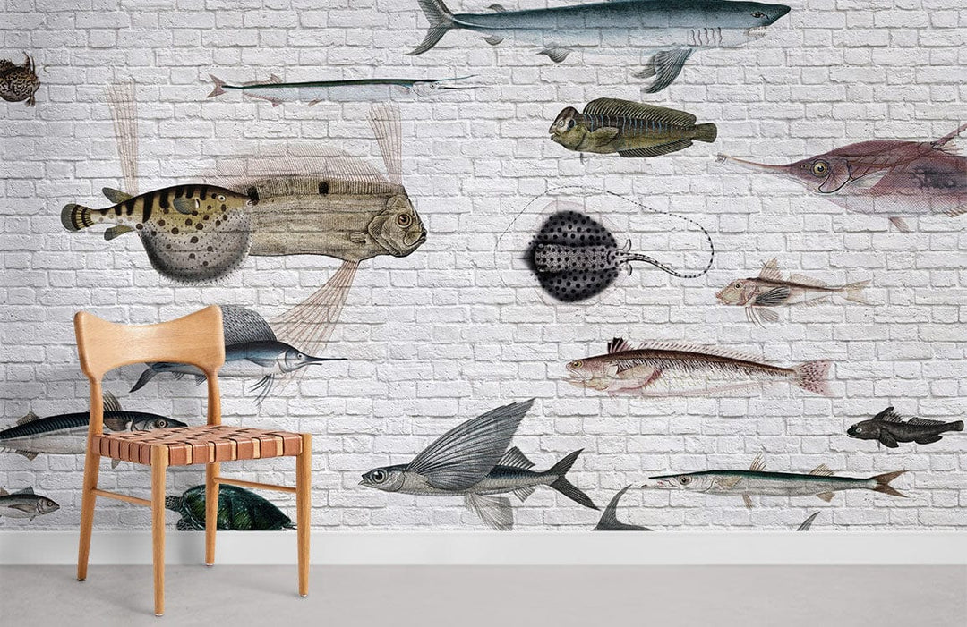 Vintage aquatic mural with colourful sea creatures on brick wall, wooden chair, grey flooring.