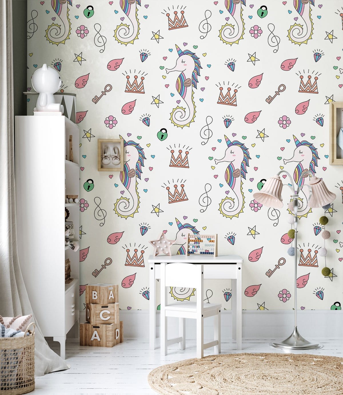 Whimsical seahorse wallpaper in a colourful nautical room with white furniture, playful children's decor.