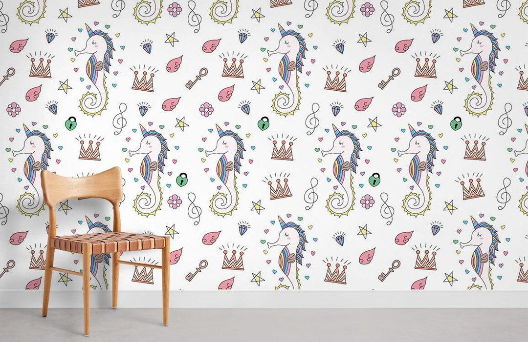 Whimsical Seahorse Crown Pattern wallpaper in a colourful nautical fantasy design, wooden chair, grey flooring.