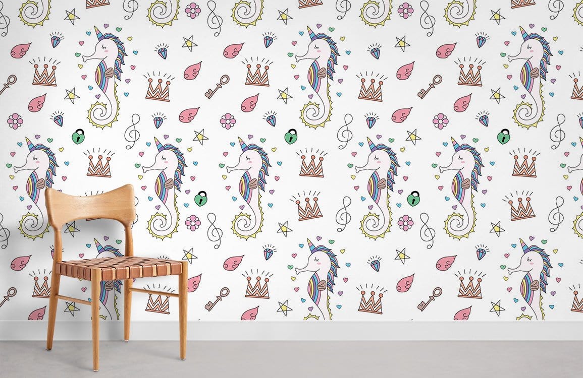 Whimsical Seahorse Crown Pattern wallpaper in a colourful nautical fantasy design, wooden chair, grey flooring.