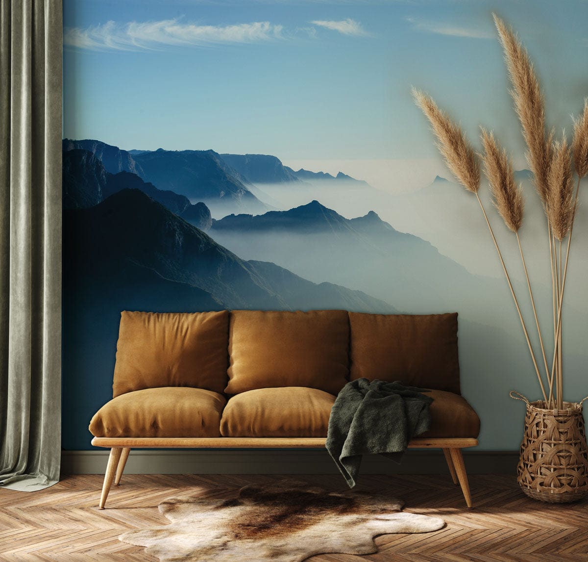 Tranquil Blue Mountain Landscape Wallpaper, brown sofa, wooden flooring, nature-inspired decor, living room.