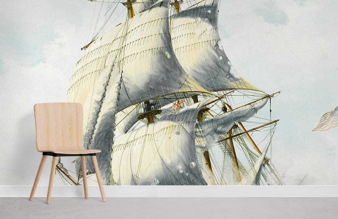 Vintage Nautical Ship Mural Wallpaper in soft white and blue, minimalistic chair, light grey flooring.