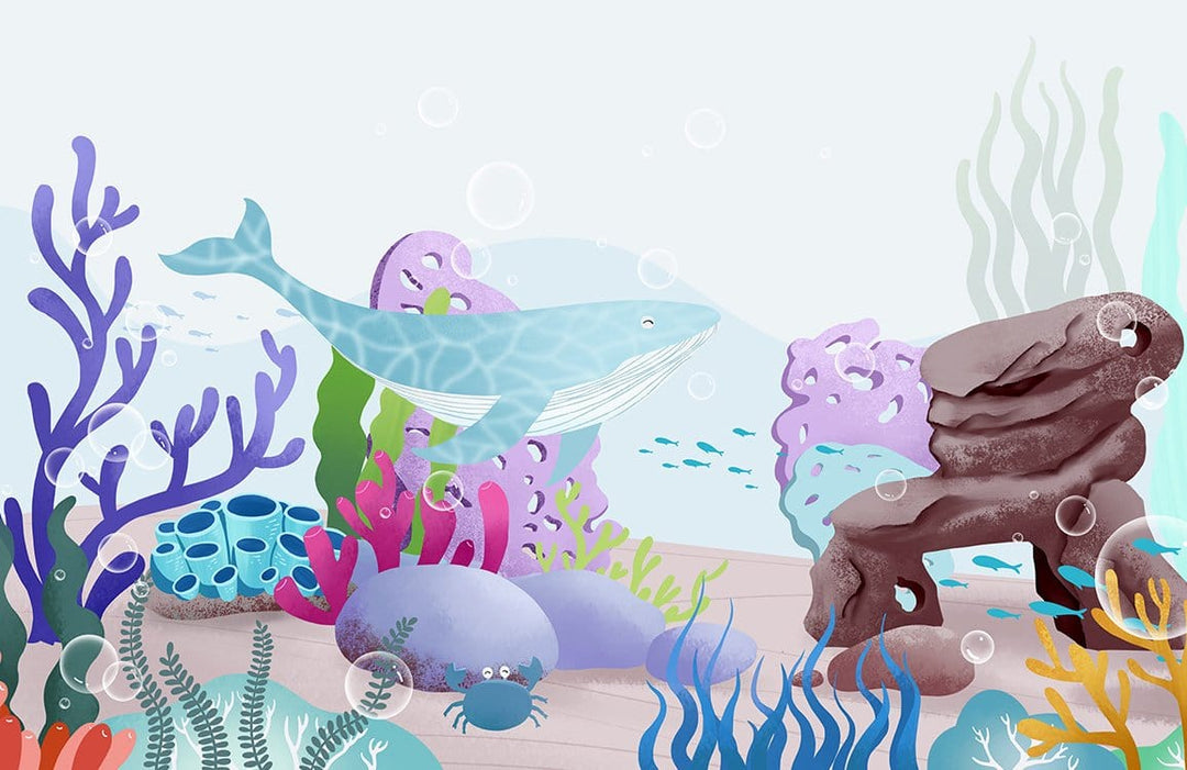 Children's Underwater Adventure Blue Whale Ocean Mural Wallpaper for Playrooms