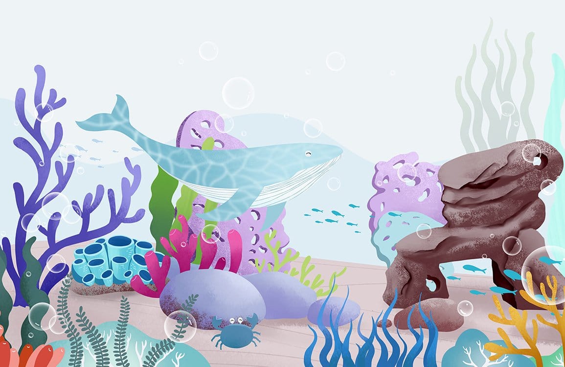Children's Underwater Adventure Blue Whale Ocean Mural Wallpaper for Playrooms