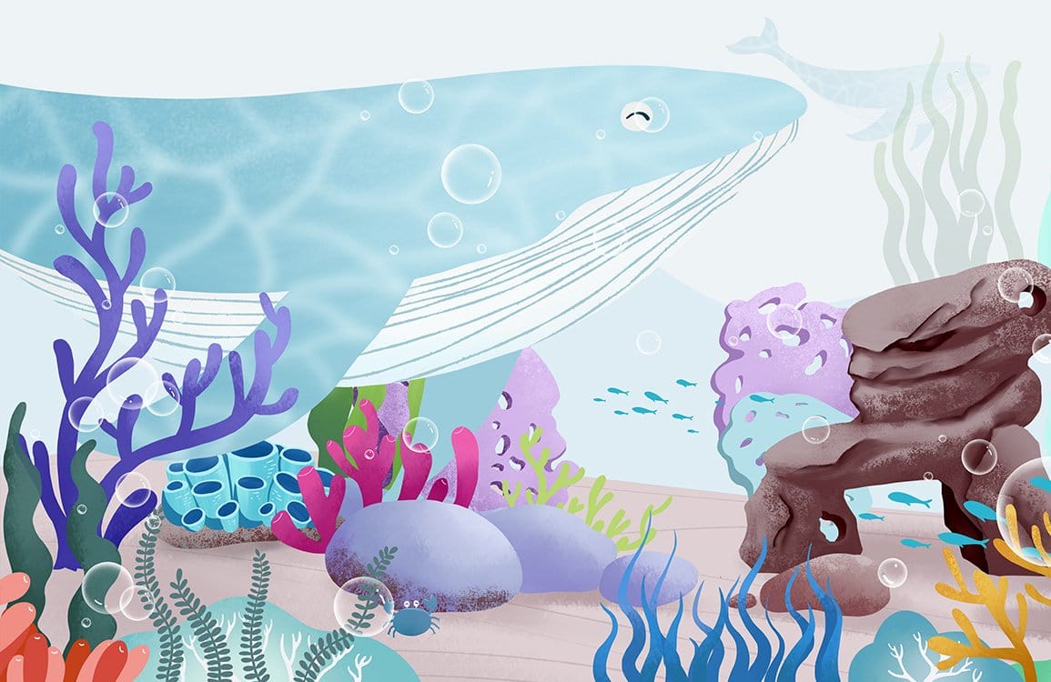Underwater Adventure Mural Wallpaper with Blue Whale and Coral Scene